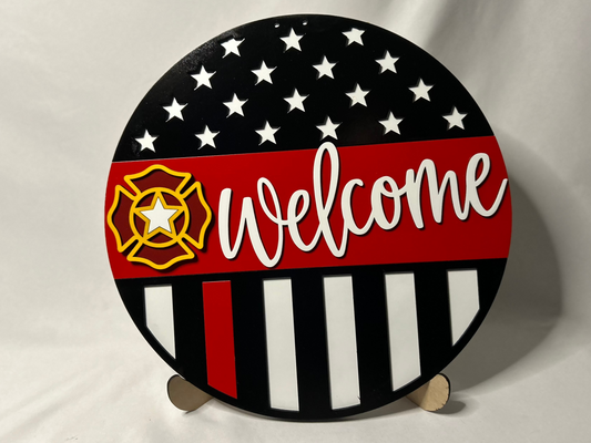 Welcome Home Round Sign with Firefighter Thin Red Line Flag Design