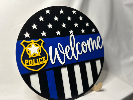 Welcome Home Round Sign with Police Thin Blue Line Flag Design