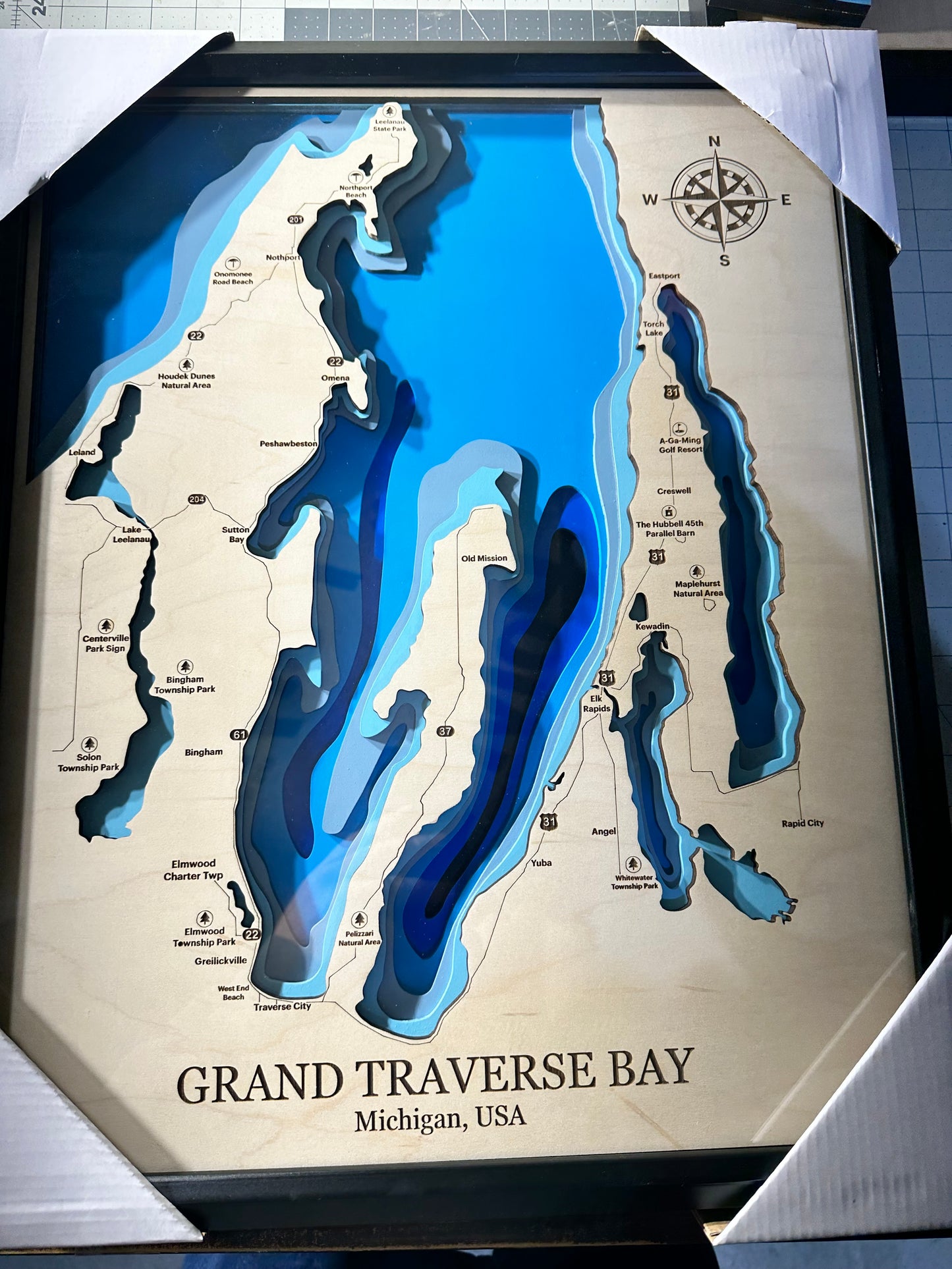 Custom Lake Bathymetric Map Multilayers of Depth Framed Art, Laser Cutout, Black Frame, 3 to 5 layers