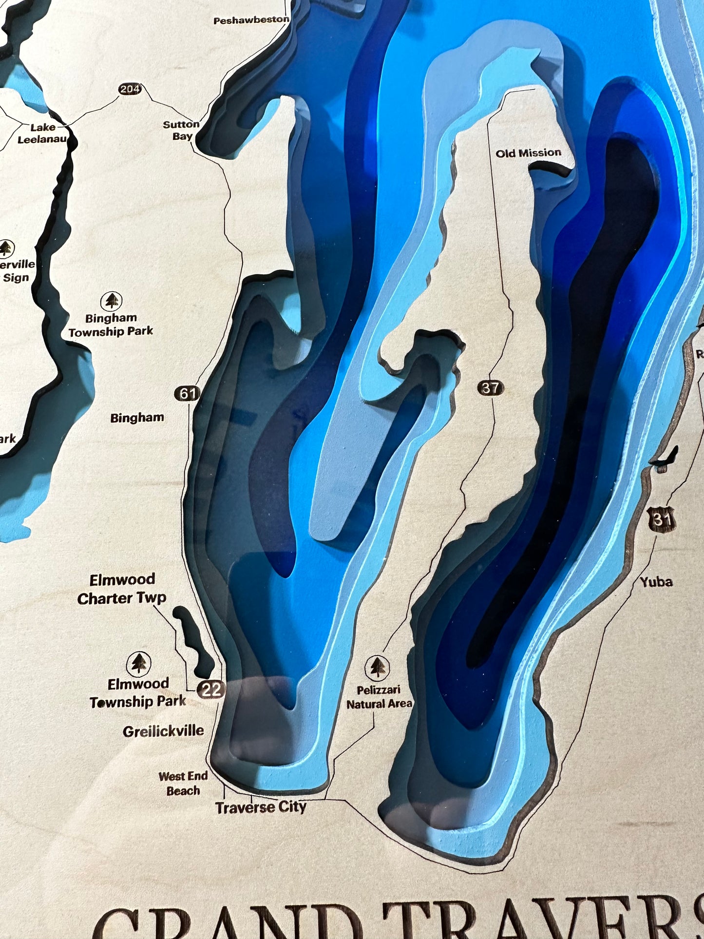 Grand Traverse Bay, Michigan Bathymetric Map, 3D Laser Cut and Engraved, Multilayers of Depth