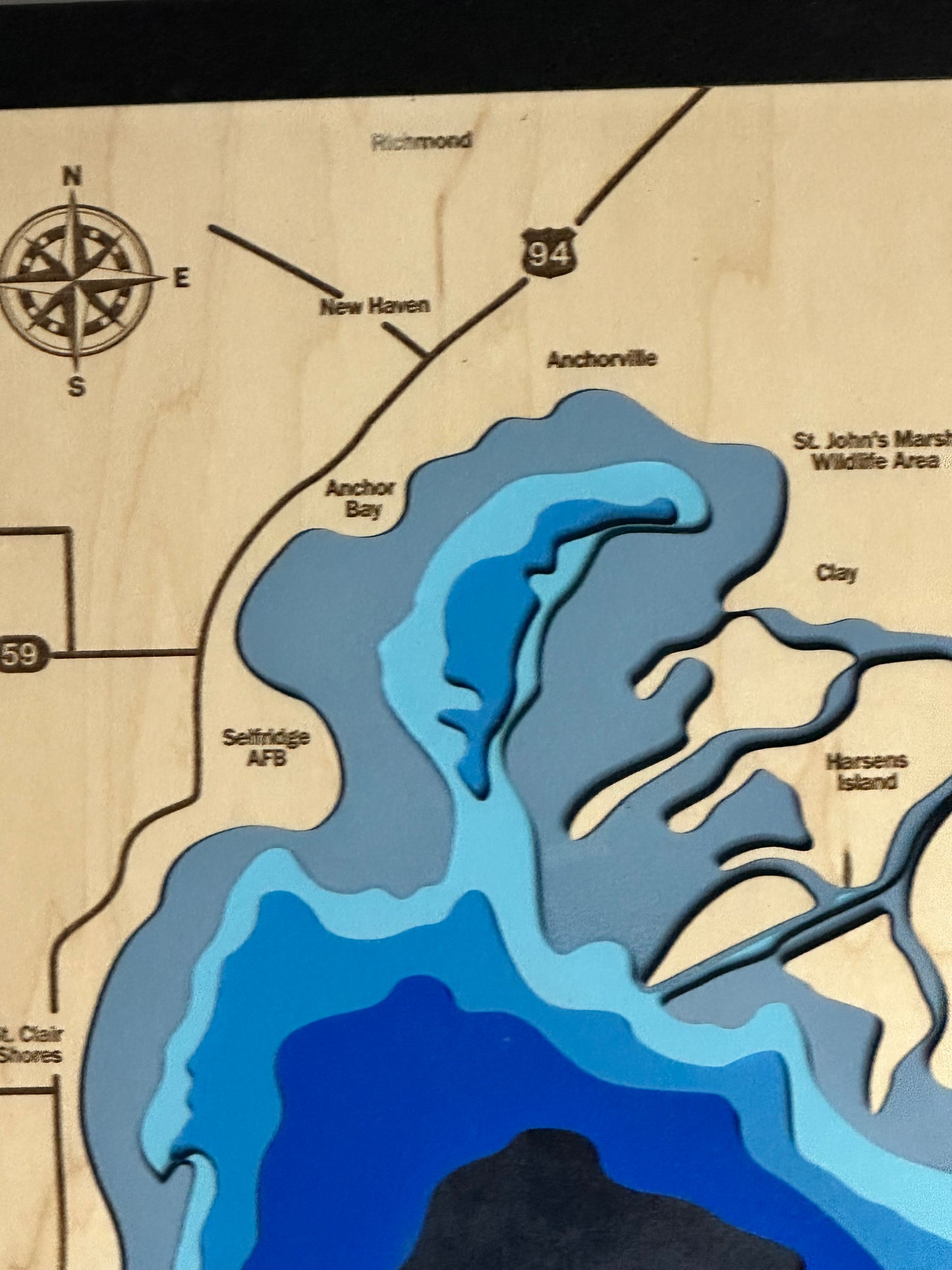 Lake St. Clair, Michigan Bathymetric Map, 3D Laser Cut and Engraved, Multilayers of Depth