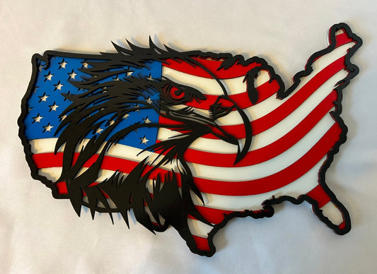 United States of America Shape Cutout with USA Flag Background and Bald Eagle Outline
