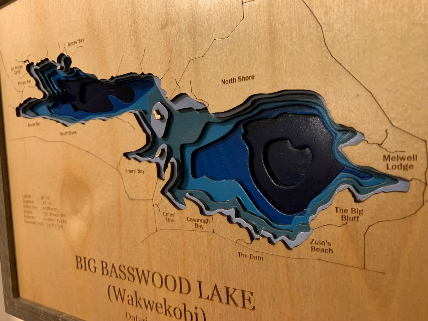 Big Basswood Lake, Ontario Bathymetric Wood Map, 3D Laser Cut and Engraved, Multilayers of Depth