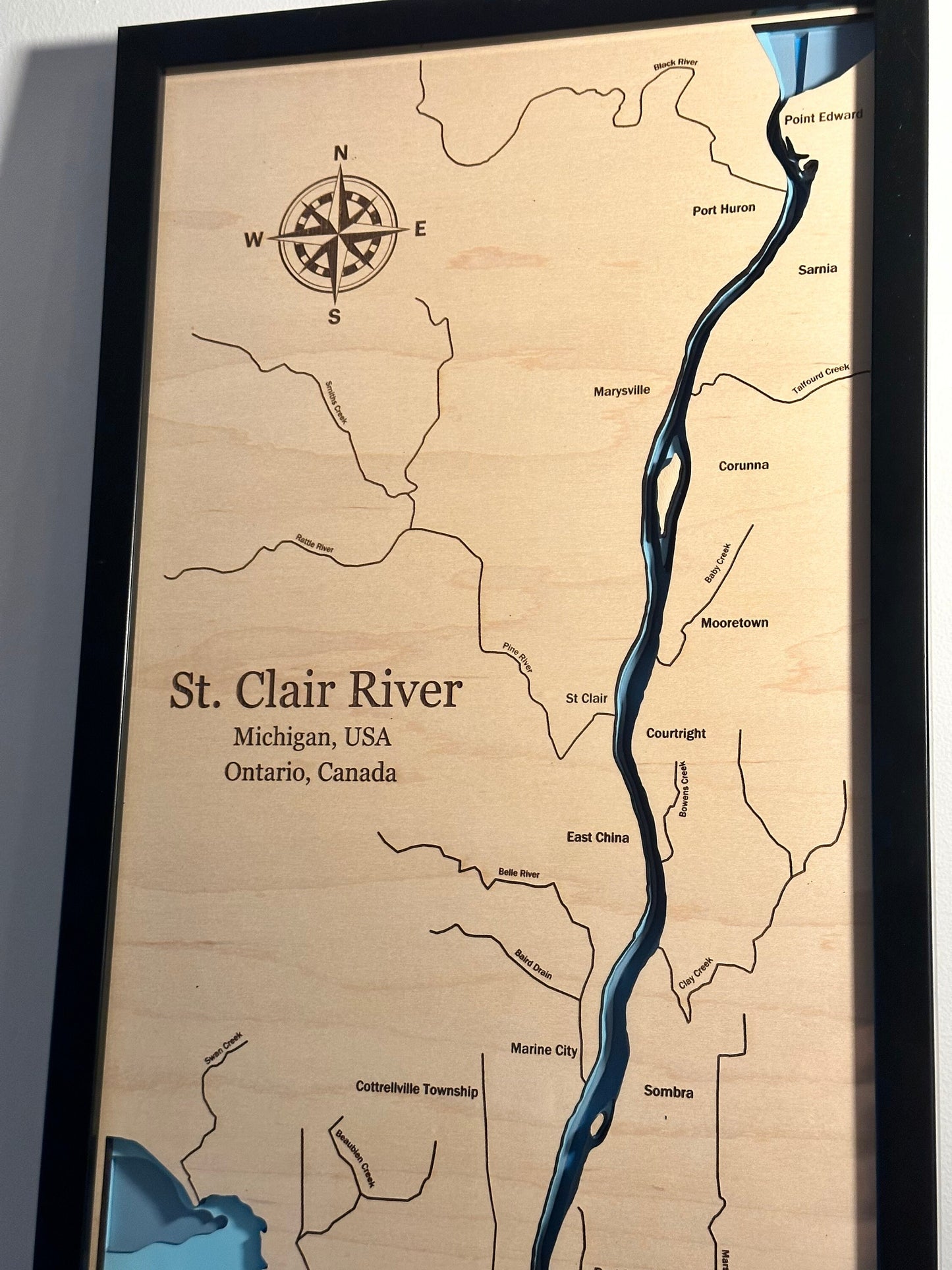 St. Clair River Bathymetric Map, 3D Laser Cut and Engraved, Multilayers of Depth