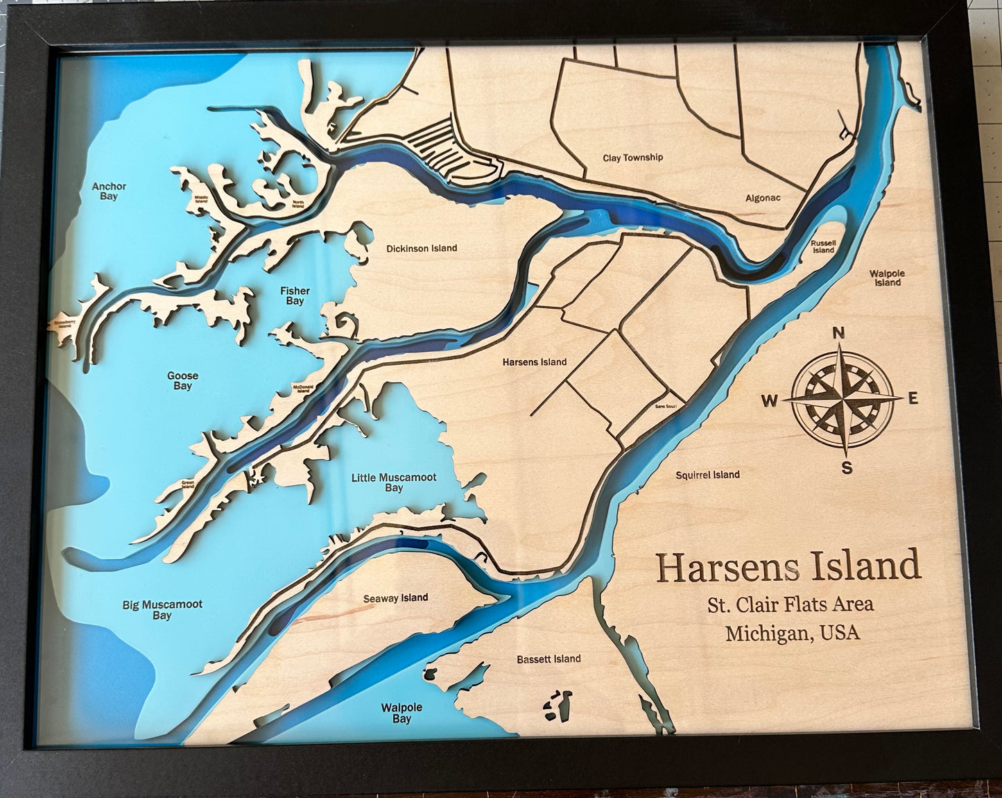 Harsens Island, St Clair Flats, Lake St. Clair, Michigan Bathymetric Map, 3D Laser Cut and Engraved, Multilayers of Depth