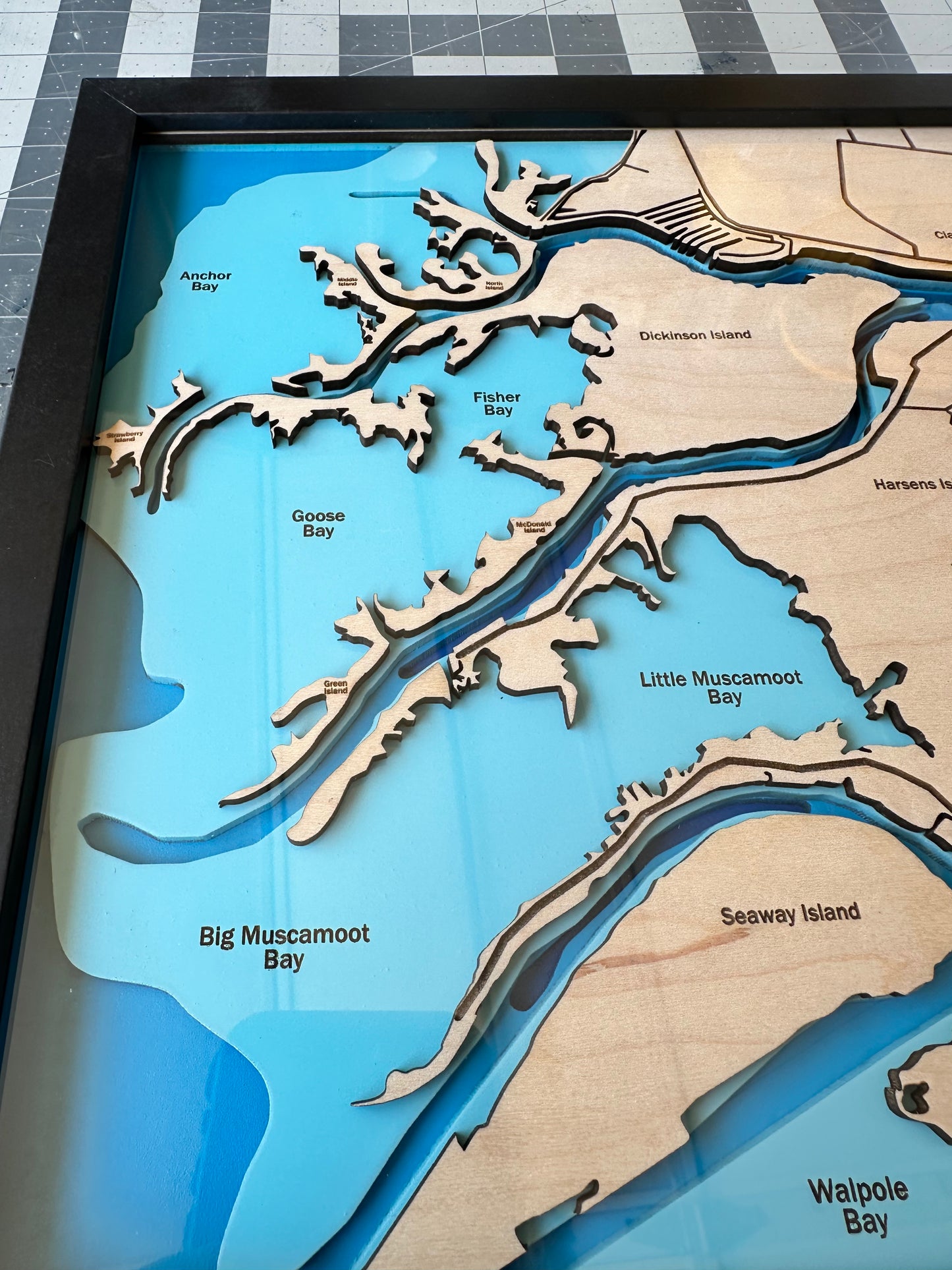 Harsens Island, St Clair Flats, Lake St. Clair, Michigan Bathymetric Map, 3D Laser Cut and Engraved, Multilayers of Depth
