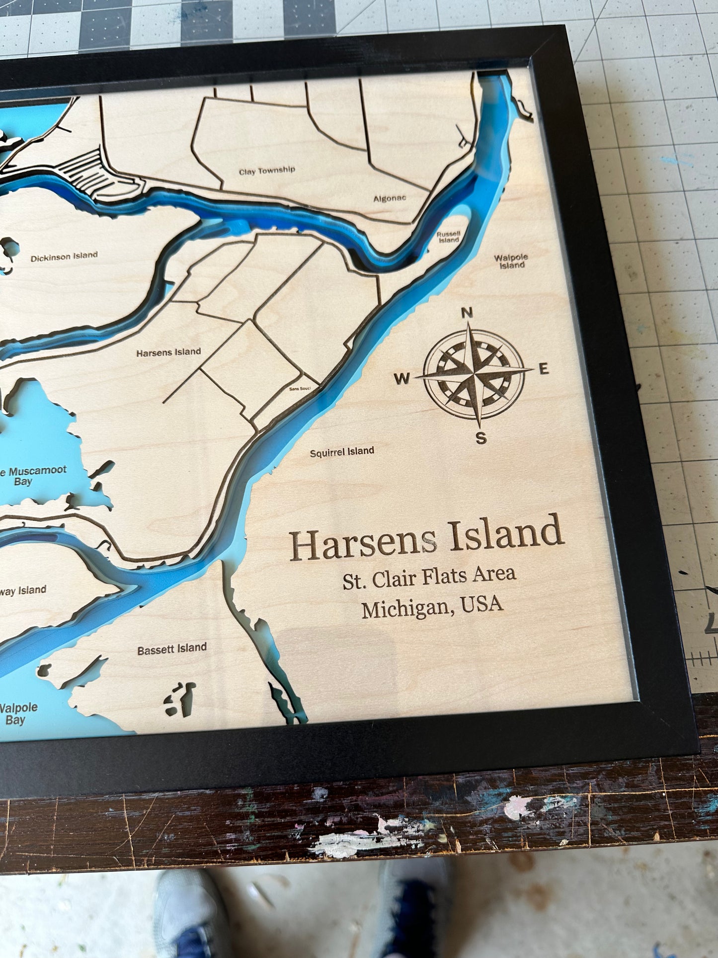 Harsens Island, St Clair Flats, Lake St. Clair, Michigan Bathymetric Map, 3D Laser Cut and Engraved, Multilayers of Depth