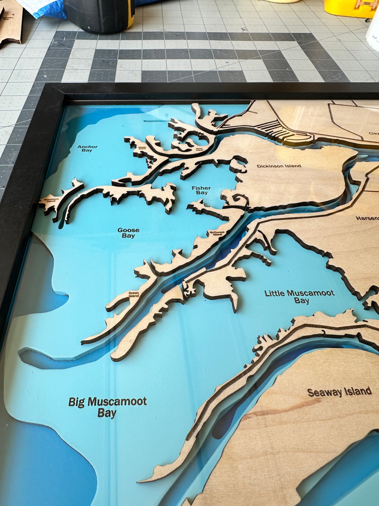 Harsens Island, St Clair Flats, Lake St. Clair, Michigan Bathymetric Map, 3D Laser Cut and Engraved, Multilayers of Depth