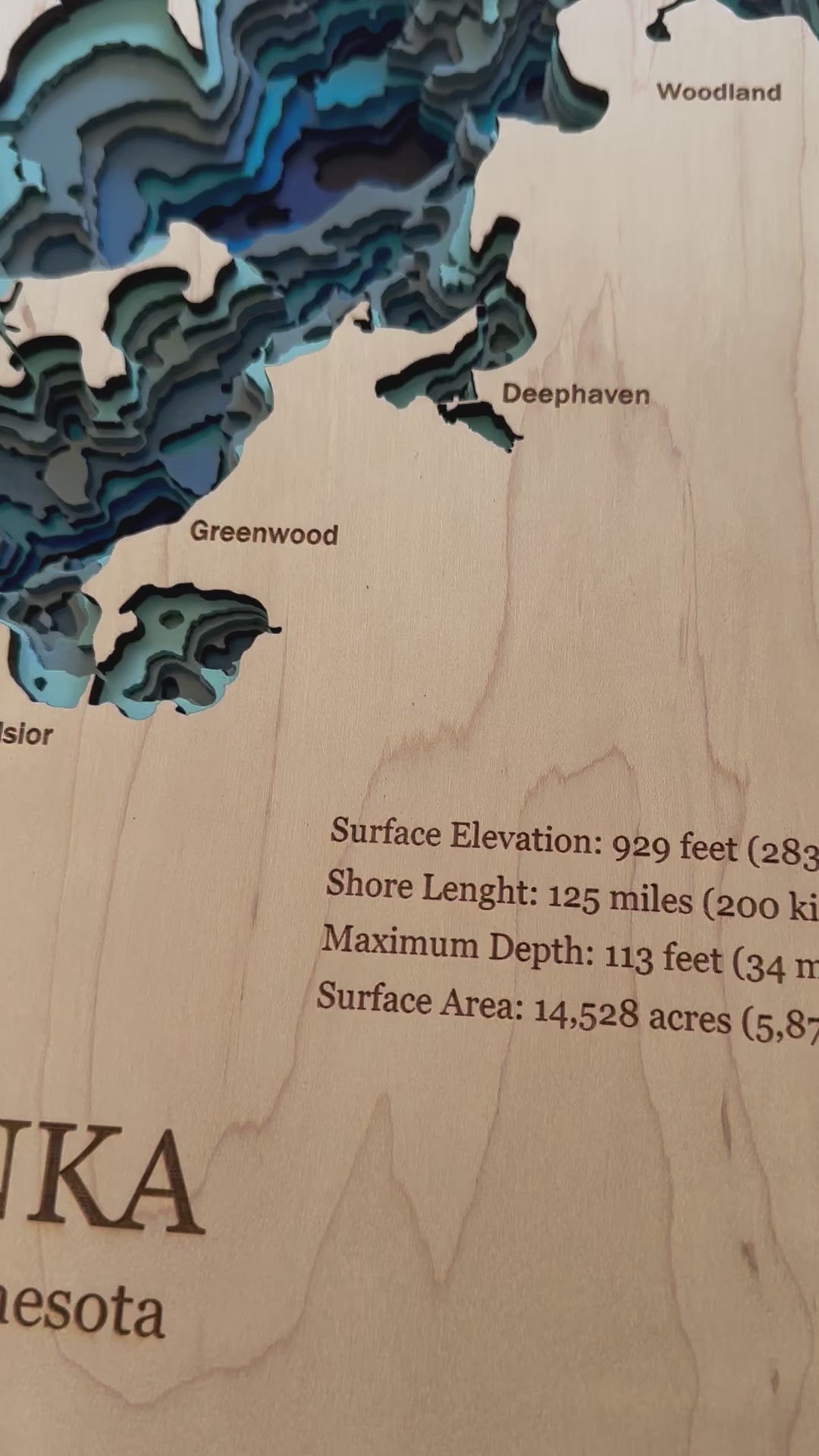 Lake Minnetonka Bathymetric Map, 3D Laser Cut and Engraved