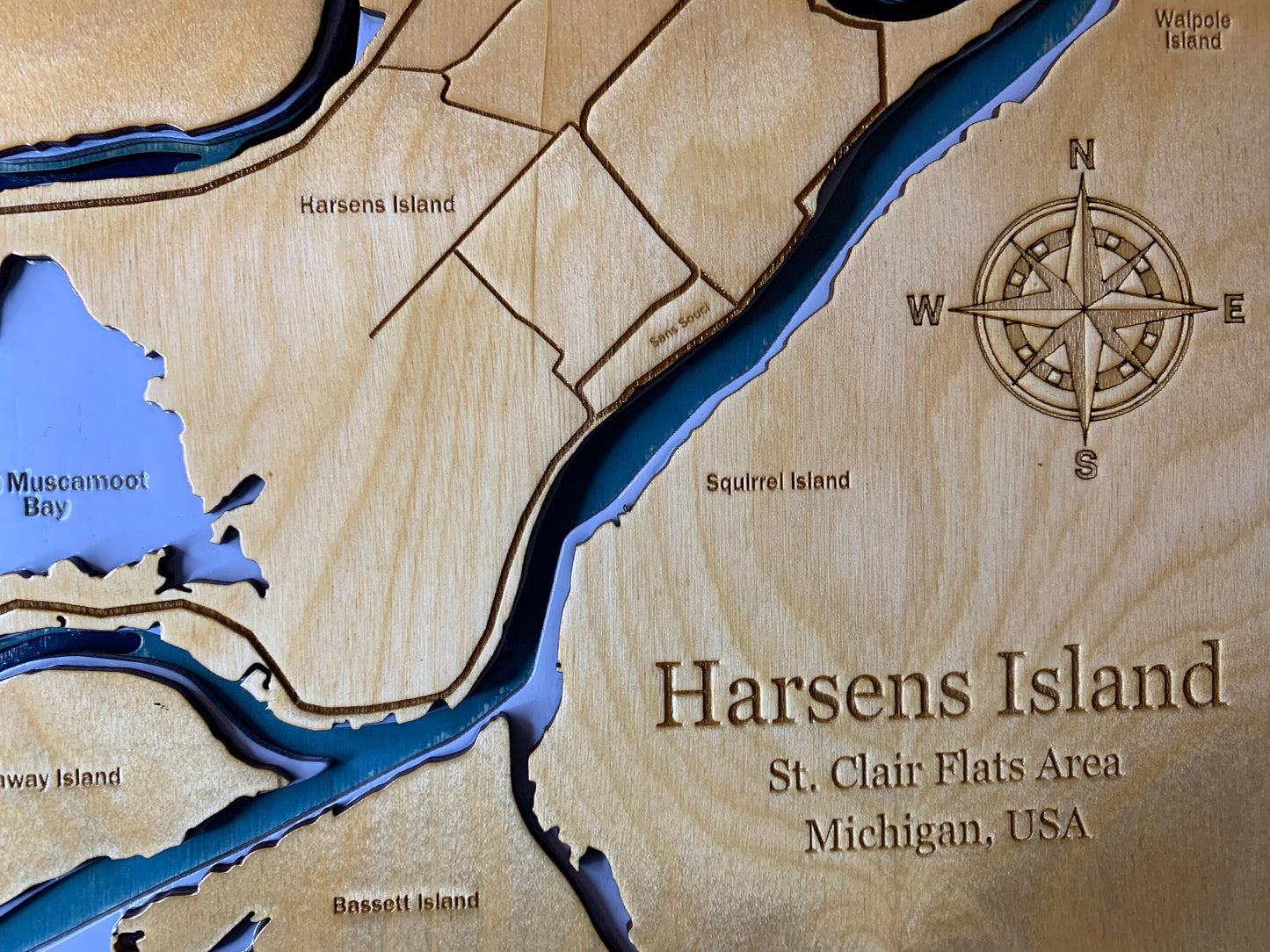 Harsens Island, St Clair Flats, Lake St. Clair, Michigan Bathymetric Map, 3D Laser Cut and Engraved, Multilayers of Depth
