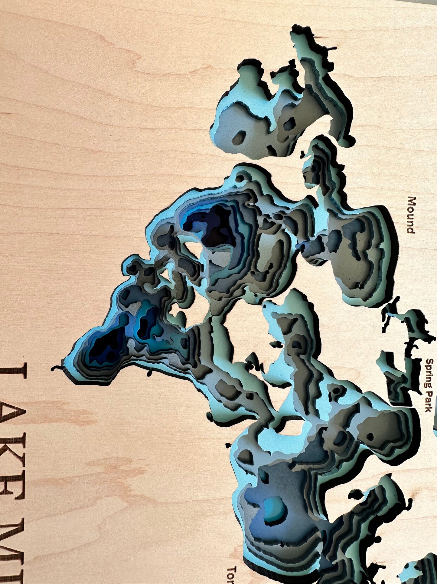 Lake Minnetonka Bathymetric Map, 3D Laser Cut and Engraved, Multilayers of Depth